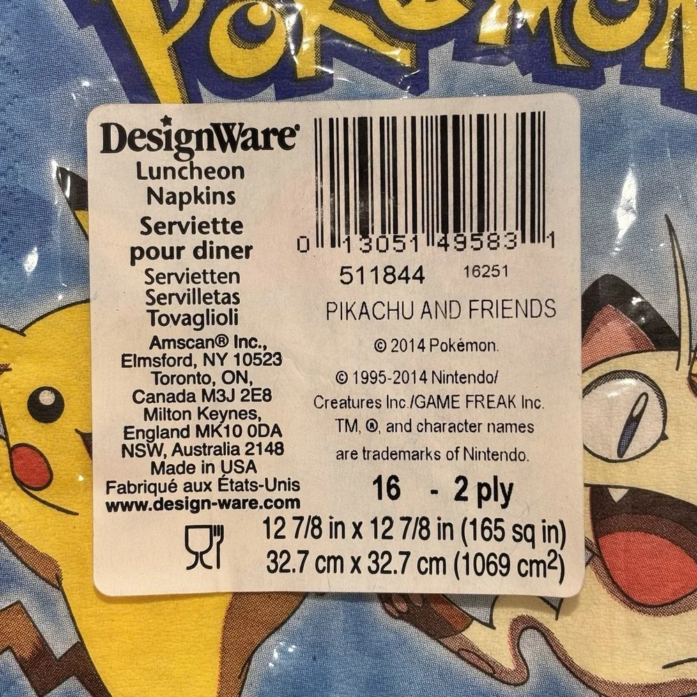 16 2-PLY Pokémon Pikachu Meowth Designware Luncheon Napkins‎ New Birthday Party